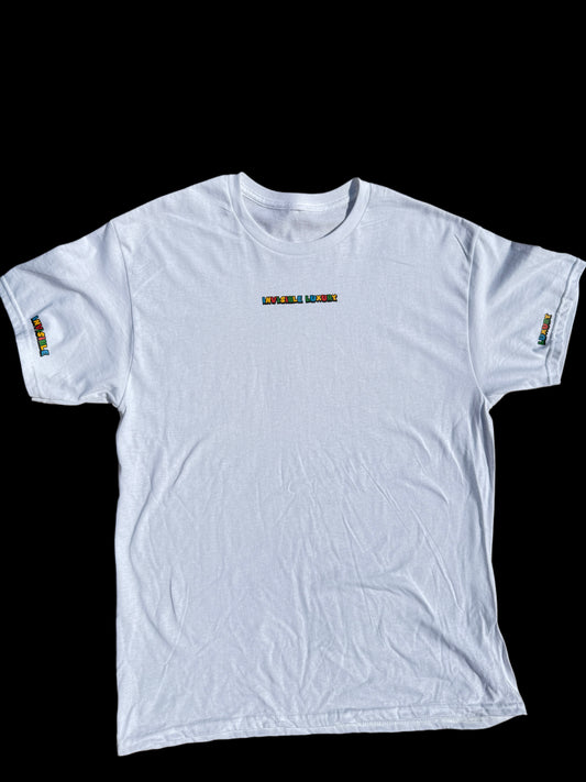Invisible Luxury White Tee — Rainbow Pop Edition